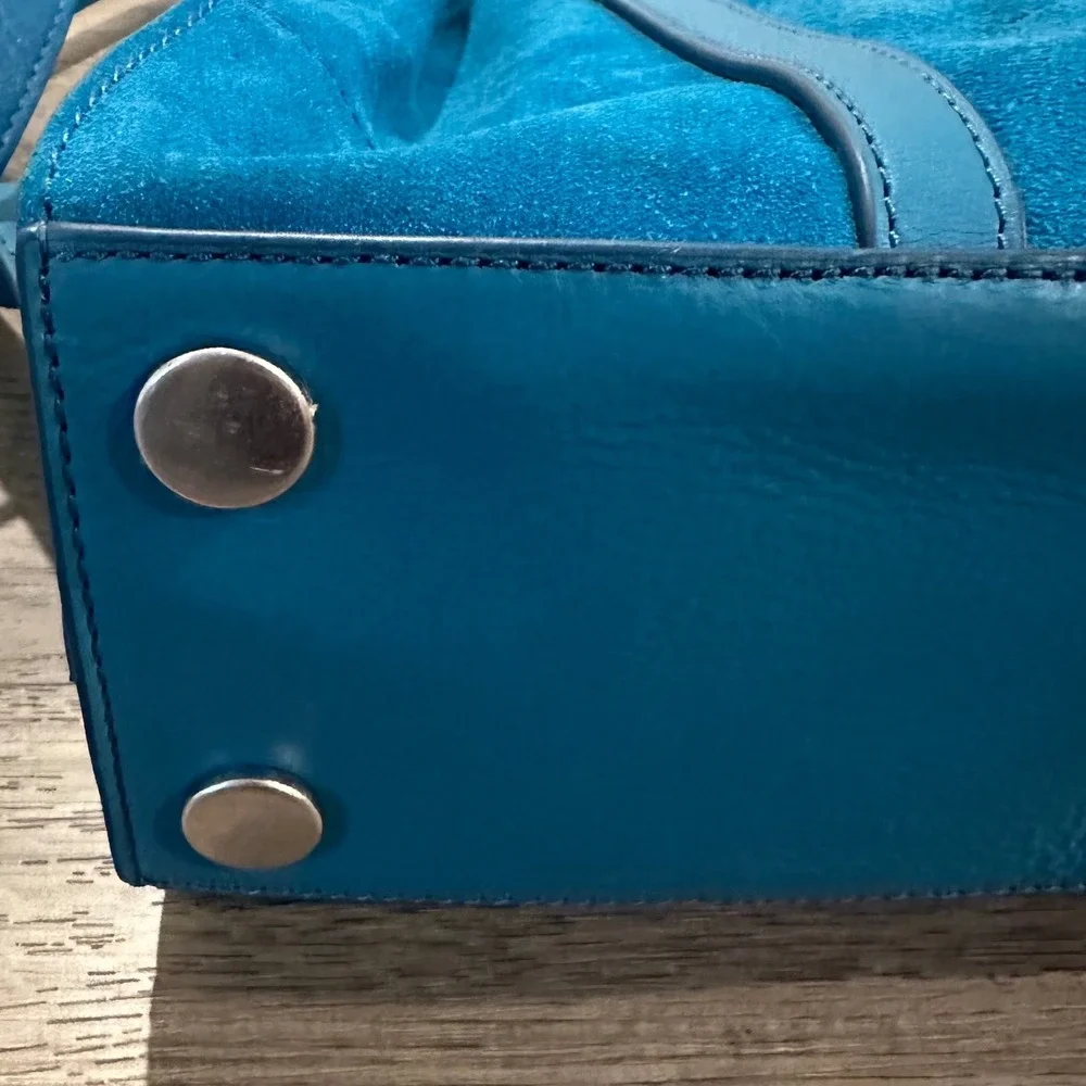 Fossil Hope Satchel Teal Blue Suede Snake Embossed Leather Tassel Handbag Bag